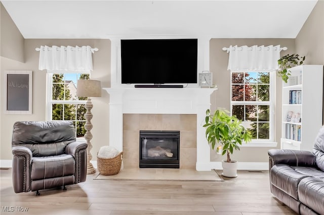 1487 Barrymore Ln, Wadsworth, OH 44281 - living room with wood finished floors, a fireplace, and baseboards