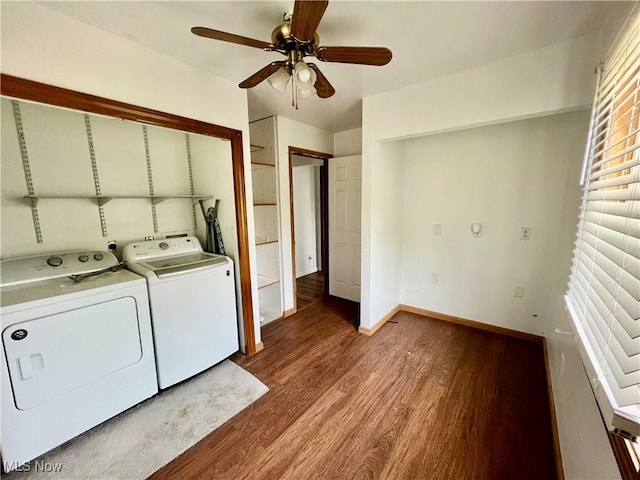 725 Logan Ave, Mingo Junction, OH 43938 - laundry room featuring separate washer and dryer, wood finished floors, a ceiling fan, and baseboards