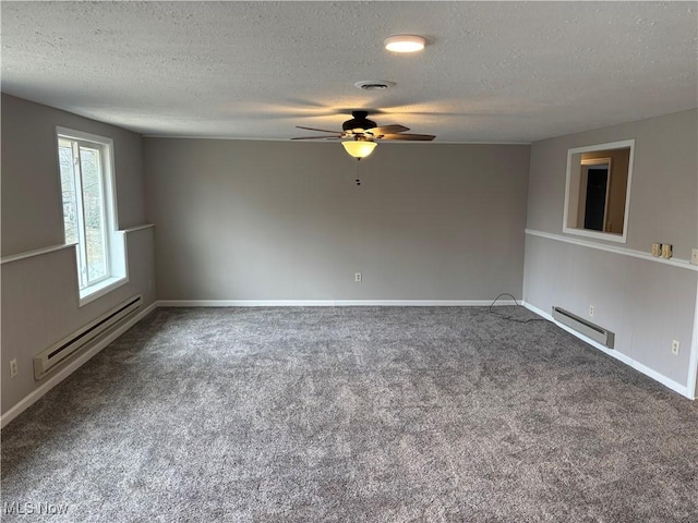 1278 Euclid Ave, Zanesville, OH 43701 - unfurnished room with a baseboard radiator, a textured ceiling, a ceiling fan, and carpet floors