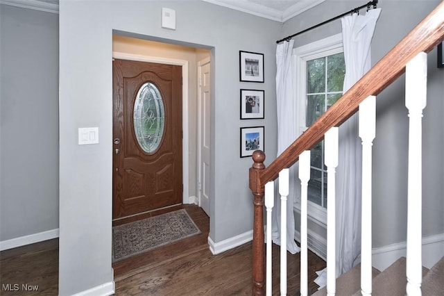 17917 Scottsdale Blvd, Shaker Heights, OH 44122 - foyer entrance featuring wood finished floors, stairway, crown molding, and baseboards