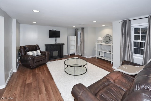 17917 Scottsdale Blvd, Shaker Heights, OH 44122 - living room featuring baseboards, wood finished floors, recessed lighting, and a fireplace