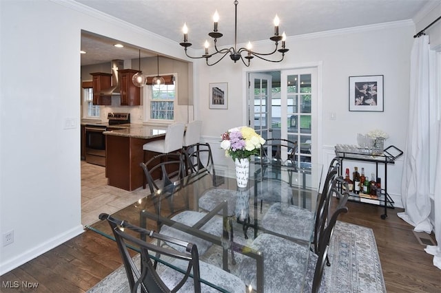 17917 Scottsdale Blvd, Shaker Heights, OH 44122 - dining space with a chandelier, ornamental molding, wood finished floors, and baseboards