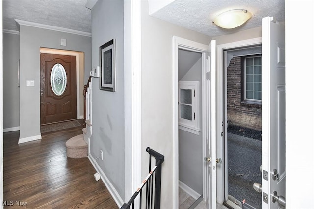 17917 Scottsdale Blvd, Shaker Heights, OH 44122 - entryway with a textured ceiling, baseboards, wood finished floors, and ornamental molding