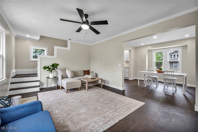 5325 Jefferson Ave, Ashtabula, OH 44004 - living area featuring healthy amount of natural light, ceiling fan, stairs, wood finished floors, and recessed lighting