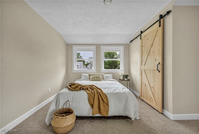 5325 Jefferson Ave, Ashtabula, OH 44004 - bedroom with a barn door, light carpet, baseboards, lofted ceiling, and a textured ceiling