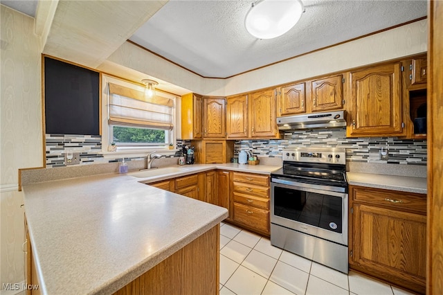2039 S Green Rd, South Euclid, OH 44121 - kitchen with stainless steel electric stove, under cabinet range hood, a sink, tasteful backsplash, and brown cabinets