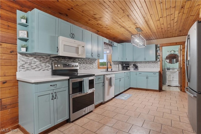 9434 Trinity Church Rd, Lisbon, OH 44432 - kitchen with stainless steel appliances, open shelves, a sink, wooden ceiling, and tasteful backsplash