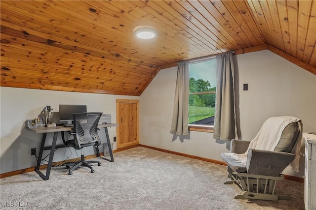 9434 Trinity Church Rd, Lisbon, OH 44432 - carpeted home office with vaulted ceiling, baseboards, and wood ceiling