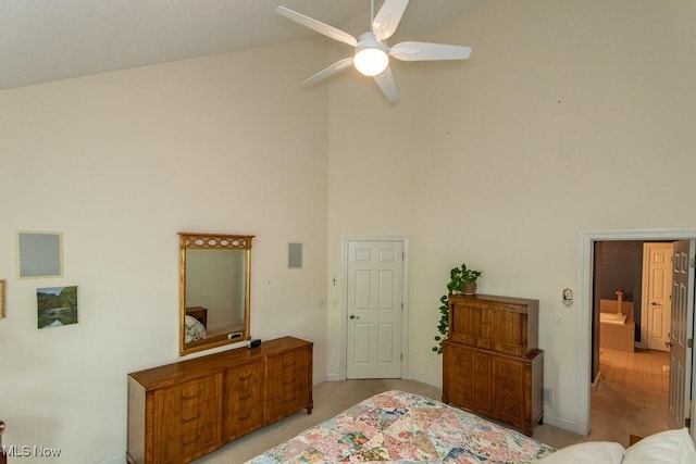 83 Haskell Dr, Bratenahl, OH 44108 - bedroom with high vaulted ceiling, carpet flooring, baseboards, and ceiling fan
