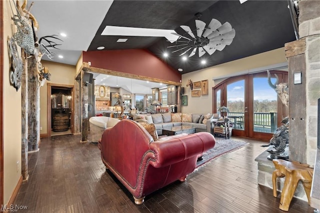 10366 Immel St NE, Canton, OH 44721 - living room featuring lofted ceiling, french doors, wood finished floors, baseboards, and recessed lighting