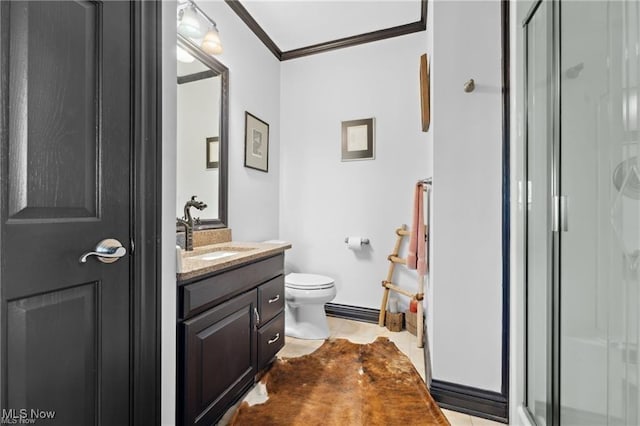 10366 Immel St NE, Canton, OH 44721 - full bath with a stall shower, vanity, ornamental molding, and tile patterned flooring