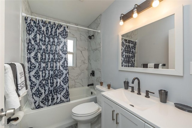 5963 Porter Rd, North Olmsted, OH 44070 - bathroom featuring vanity, shower / bath combination with curtain, and toilet
