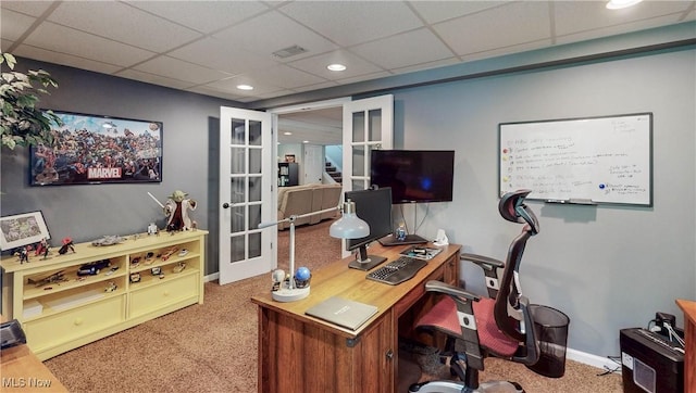 218 Treetop Spur, Copley, OH 44321 - office featuring french doors, carpet floors, a drop ceiling, baseboards, and recessed lighting