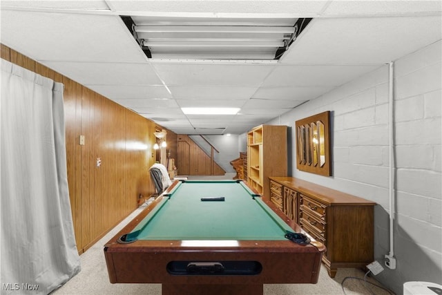 425 Warwick St, Akron, OH 44305 - rec room with concrete block wall, a paneled ceiling, wooden walls, and billiards table