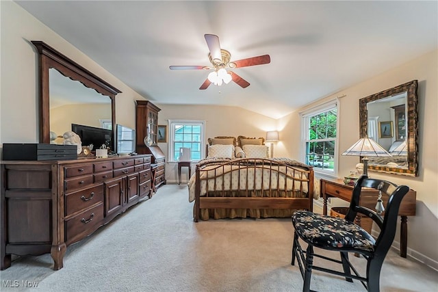 20110 Carolyn Ave, Rocky River, OH 44116 - bedroom with light carpet, vaulted ceiling, baseboards, and ceiling fan