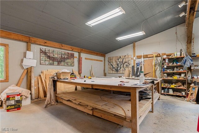 15216 Grove Rd SE, Port Washington, OH 43837 - miscellaneous room with a workshop area, concrete flooring, and lofted ceiling