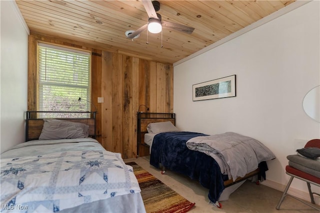 15216 Grove Rd SE, Port Washington, OH 43837 - bedroom featuring wood ceiling, wooden walls, ornamental molding, and ceiling fan