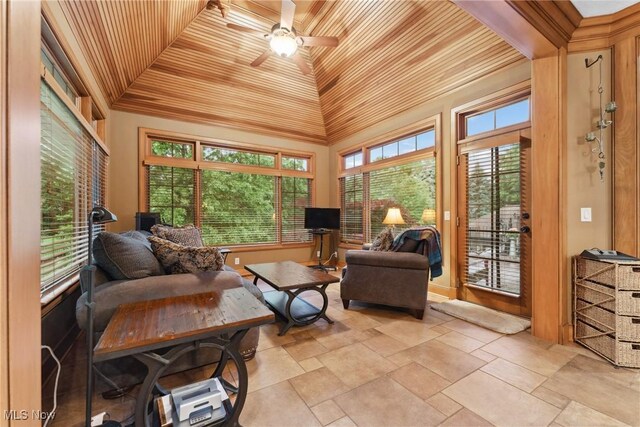 3109 Kennesaw Cir NW, Canton, OH 44708 - living area with a ceiling fan, wood ceiling, light stone finish flooring, and a towering ceiling