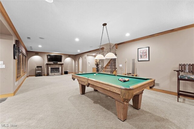 3109 Kennesaw Cir NW, Canton, OH 44708 - rec room with arched walkways, light carpet, baseboards, crown molding, and billiards