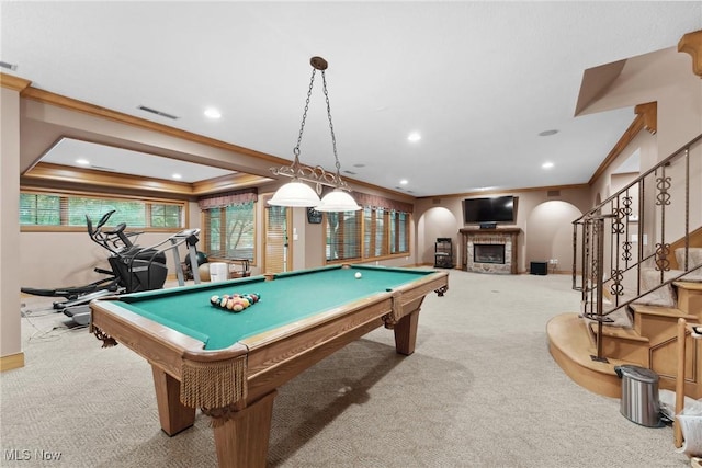 3109 Kennesaw Cir NW, Canton, OH 44708 - rec room featuring carpet, crown molding, arched walkways, billiards, and baseboards