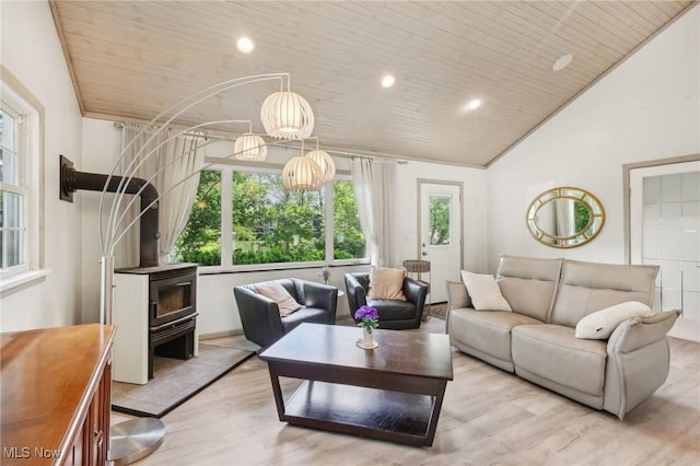 179 High St, Chagrin Falls, OH 44022 - living area featuring a wood stove, wood finished floors, vaulted ceiling, wooden ceiling, and recessed lighting