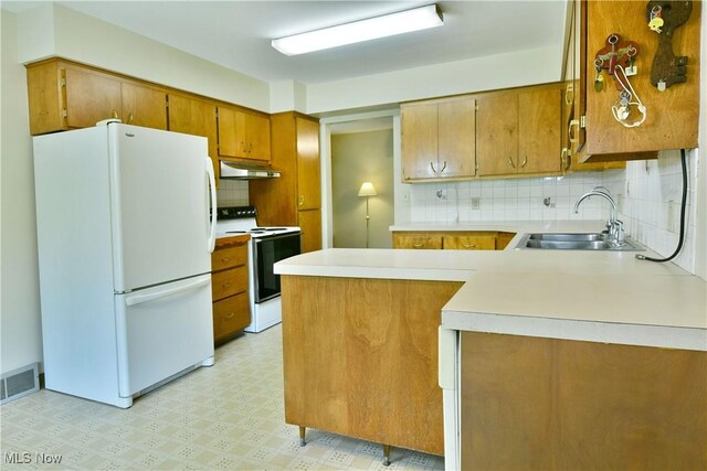 3763 E River Rd, Newton Falls, OH 44444 - kitchen with white appliances, under cabinet range hood, a sink, brown cabinets, and light flooring