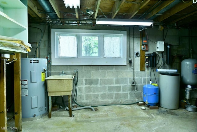 3763 E River Rd, Newton Falls, OH 44444 - basement with electric water heater, a water pressure tank, a water softener, and a sink