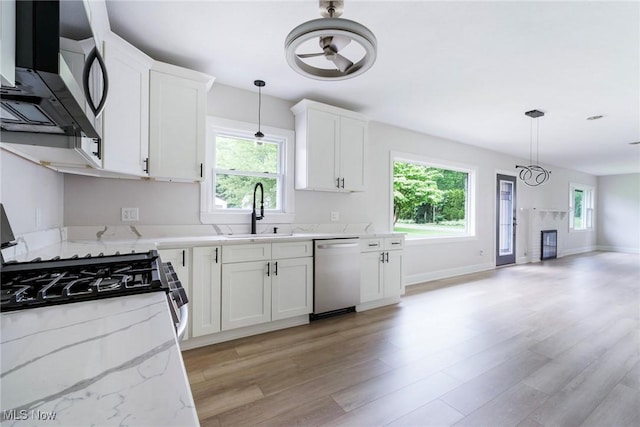 351 Cranberry Run, Boardman, OH 44512 - kitchen featuring dishwasher, a sink, light wood-type flooring, gas range, and white cabinetry