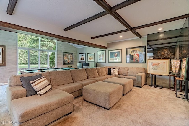 30699 Gates Mills Blvd, Pepper Pike, OH 44124 - carpeted living room with beamed ceiling, billiards, and recessed lighting