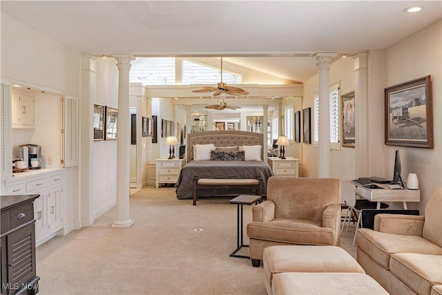 30699 Gates Mills Blvd, Pepper Pike, OH 44124 - bedroom with ornate columns, vaulted ceiling, and light carpet