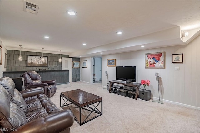 30699 Gates Mills Blvd, Pepper Pike, OH 44124 - living area with light colored carpet, recessed lighting, baseboards, and wooden walls