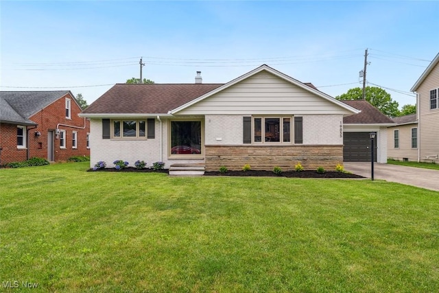 19855 Parklane Dr, Rocky River, OH 44116 - ranch-style house with brick siding, a front yard, a chimney, driveway, and a garage
