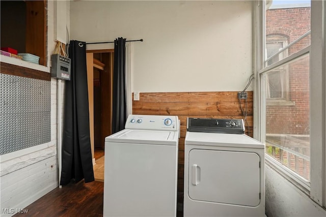 38 E Main St, Shelby, OH 44875 - washroom with washer and dryer and dark wood-style flooring