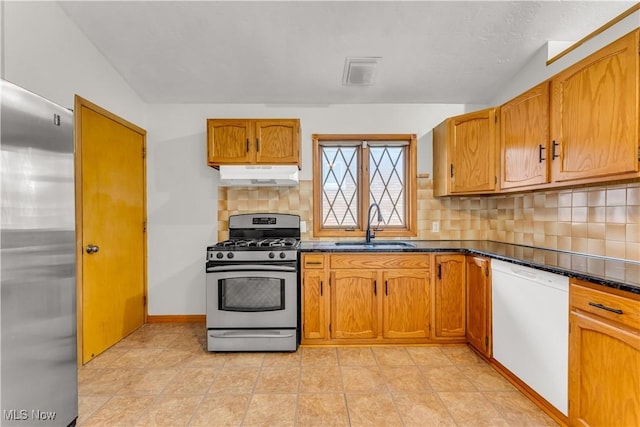 10701 Mountview Ave, Garfield Heights, OH 44125 - kitchen featuring appliances with stainless steel finishes, under cabinet range hood, a sink, and backsplash