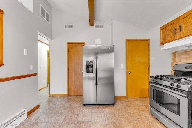 10701 Mountview Ave, Garfield Heights, OH 44125 - kitchen featuring stainless steel appliances, baseboard heating, under cabinet range hood, high vaulted ceiling, and beamed ceiling