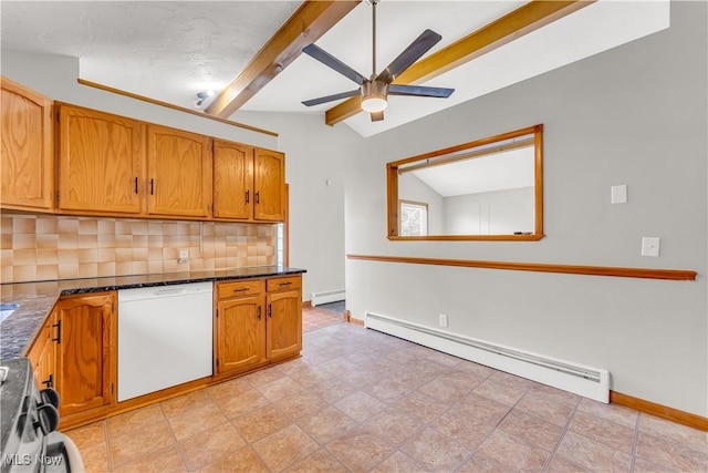 10701 Mountview Ave, Garfield Heights, OH 44125 - kitchen featuring dishwasher, baseboard heating, decorative backsplash, ceiling fan, and a baseboard heating unit