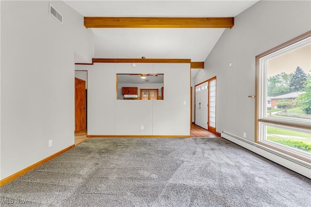 10701 Mountview Ave, Garfield Heights, OH 44125 - unfurnished living room featuring carpet floors, baseboard heating, and baseboards