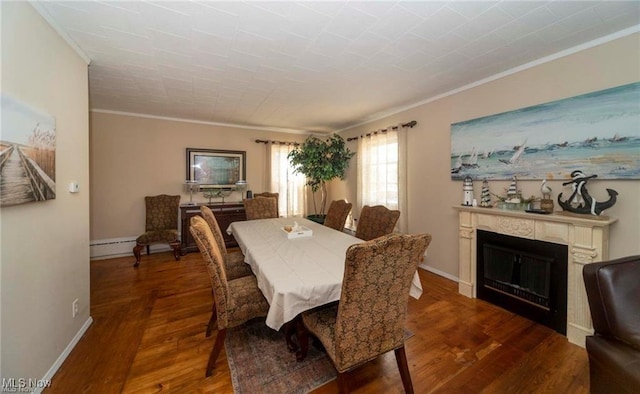 410 E Main St, Lakeside-Marblehead, OH 43440 - dining room with ornamental molding, baseboards, wood finished floors, a baseboard radiator, and a glass covered fireplace