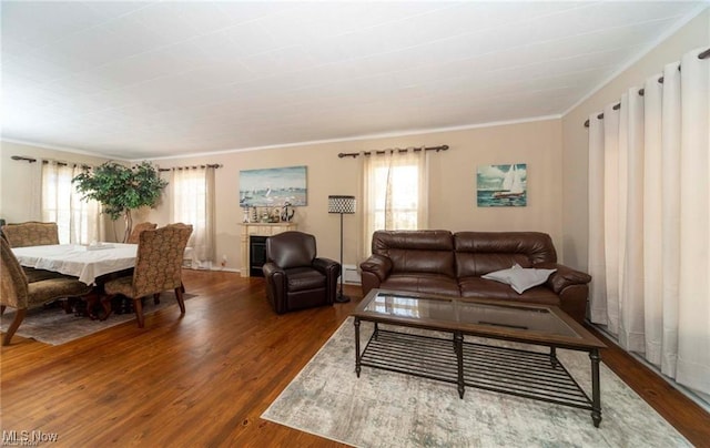 410 E Main St, Lakeside-Marblehead, OH 43440 - living room with healthy amount of natural light, ornamental molding, wood finished floors, and a baseboard radiator