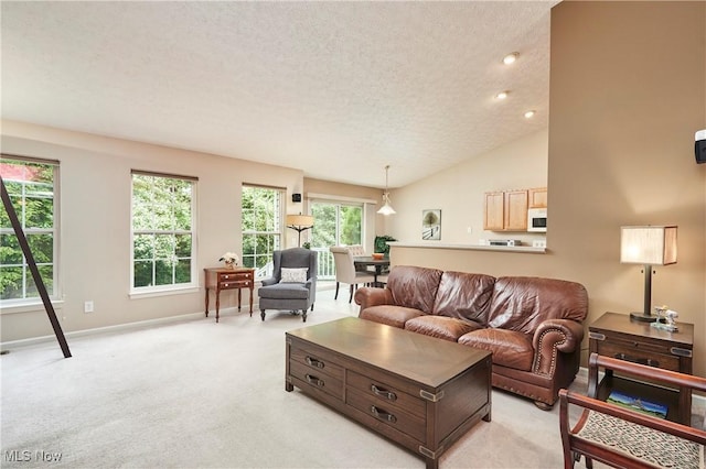 1917 Northgate Cir, Akron, OH 44320 - living area featuring a textured ceiling, plenty of natural light, baseboards, light colored carpet, and lofted ceiling