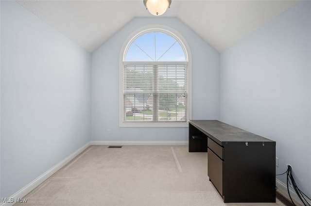 4819 Trails End Ct, Westlake, OH 44145 - unfurnished office featuring lofted ceiling, baseboards, and light colored carpet
