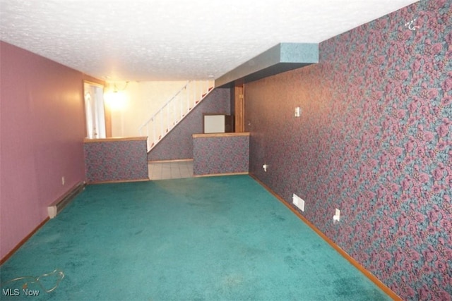 1259 Cherry Ln, Brunswick, OH 44212 - finished below grade area with stairs, a textured ceiling, baseboards, carpet flooring, and wallpapered walls