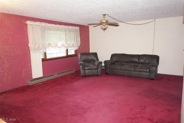 1259 Cherry Ln, Brunswick, OH 44212 - living area with a baseboard heating unit, a textured ceiling, ceiling fan, and carpet