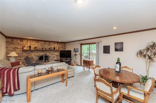 5761 Goodman Cir, North Royalton, OH 44133 - carpeted living area featuring a fireplace, crown molding, recessed lighting, and brick wall