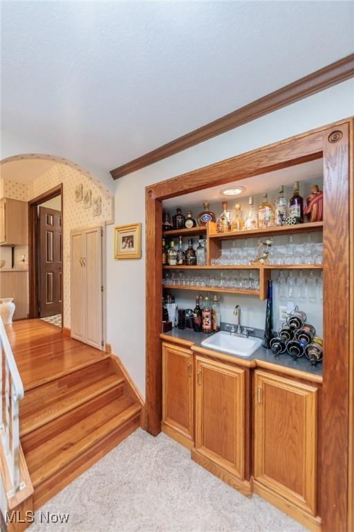 5761 Goodman Cir, North Royalton, OH 44133 - indoor wet bar featuring arched walkways, crown molding, and light carpet