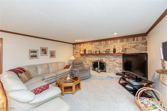 5761 Goodman Cir, North Royalton, OH 44133 - living area with carpet floors, crown molding, and a fireplace