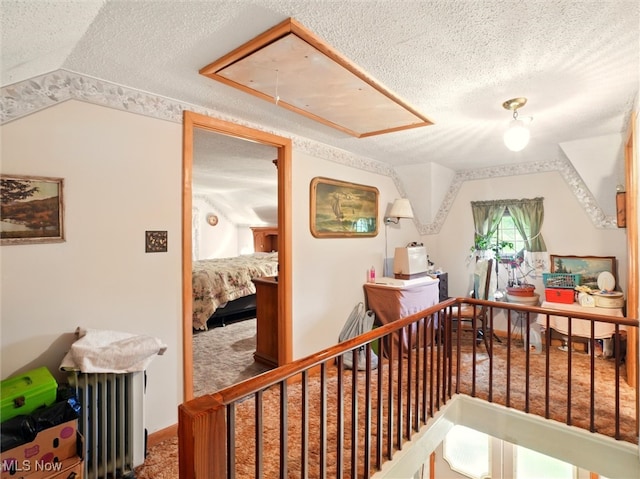 3912 Austinburg Rd, Ashtabula, OH 44004 - hall with a textured ceiling, attic access, lofted ceiling, carpet flooring, and radiator heating unit