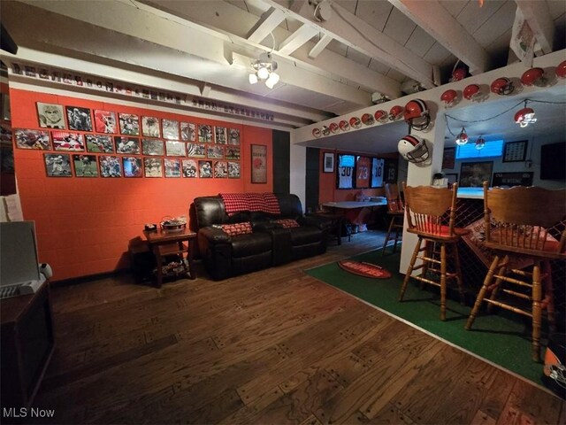 1505 N 14th St, Cambridge, OH 43725 - game room with wood-type flooring, beamed ceiling, and a bar