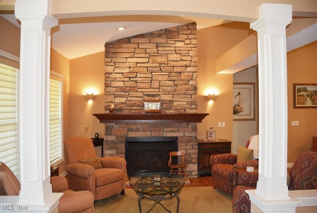 7711 Marewood Pl, Painesville, OH 44077 - living area with lofted ceiling, ornate columns, and a fireplace