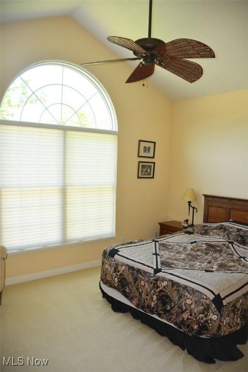 7711 Marewood Pl, Painesville, OH 44077 - carpeted bedroom featuring vaulted ceiling, ceiling fan, and baseboards